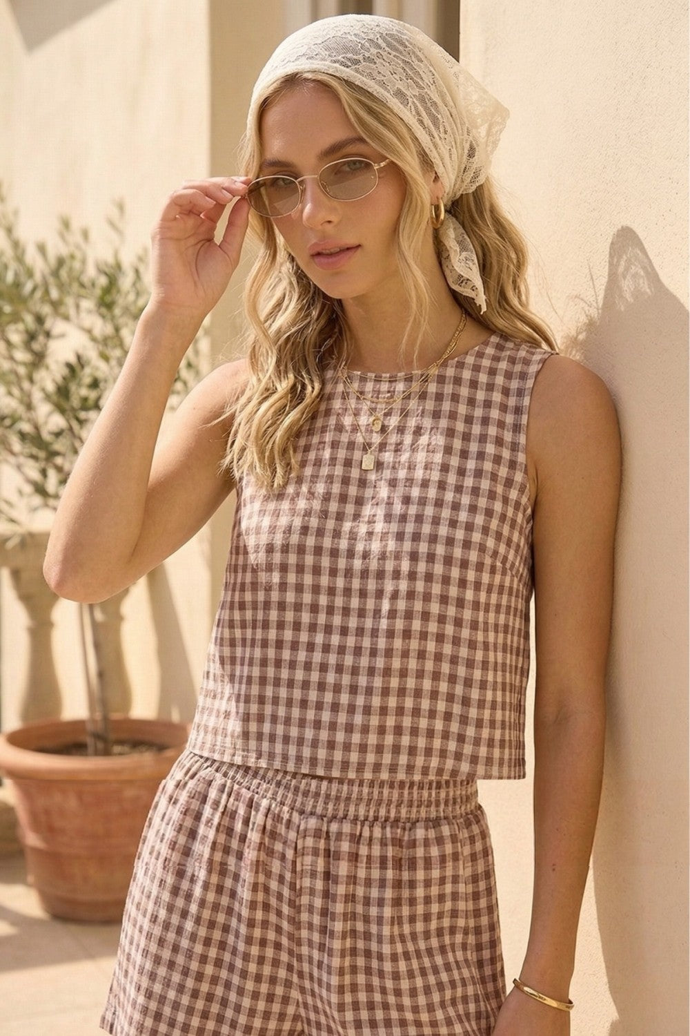 Brown Gingham Linen Pant & Top Set