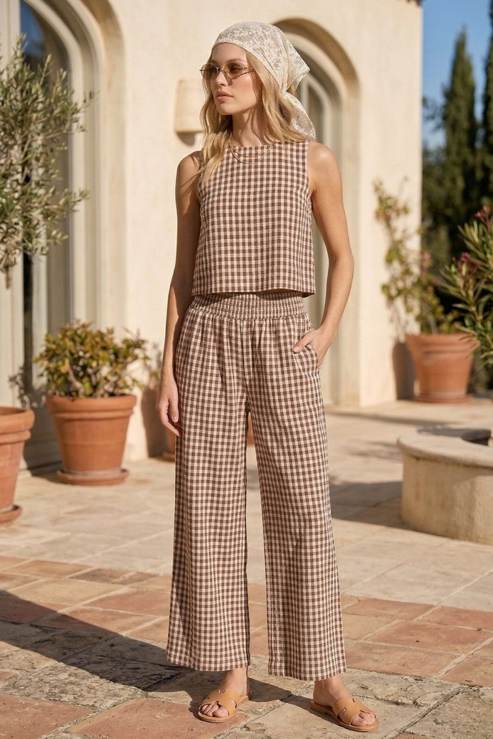 Brown Gingham Linen Pant & Top Set