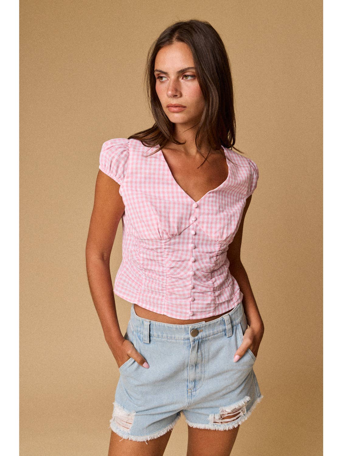 Pink Gingham Button Top