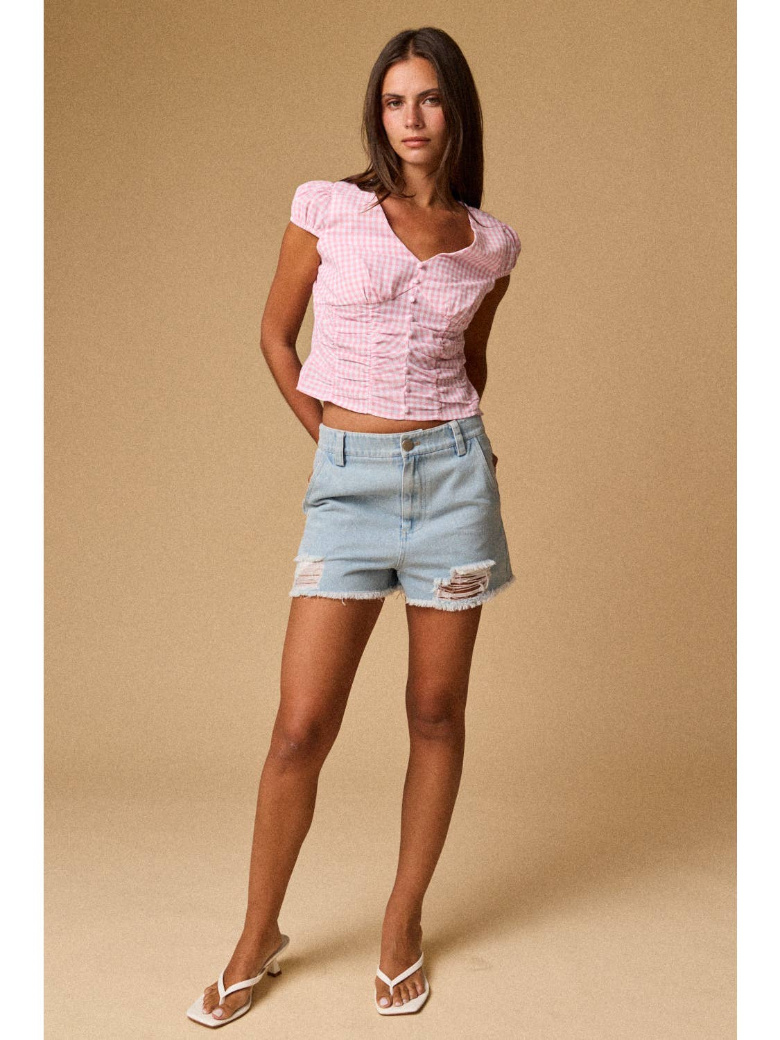 Pink Gingham Button Top