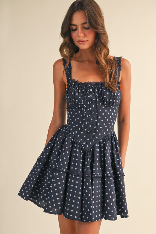 Lace Edge Navy Polka Dot Mini Dress