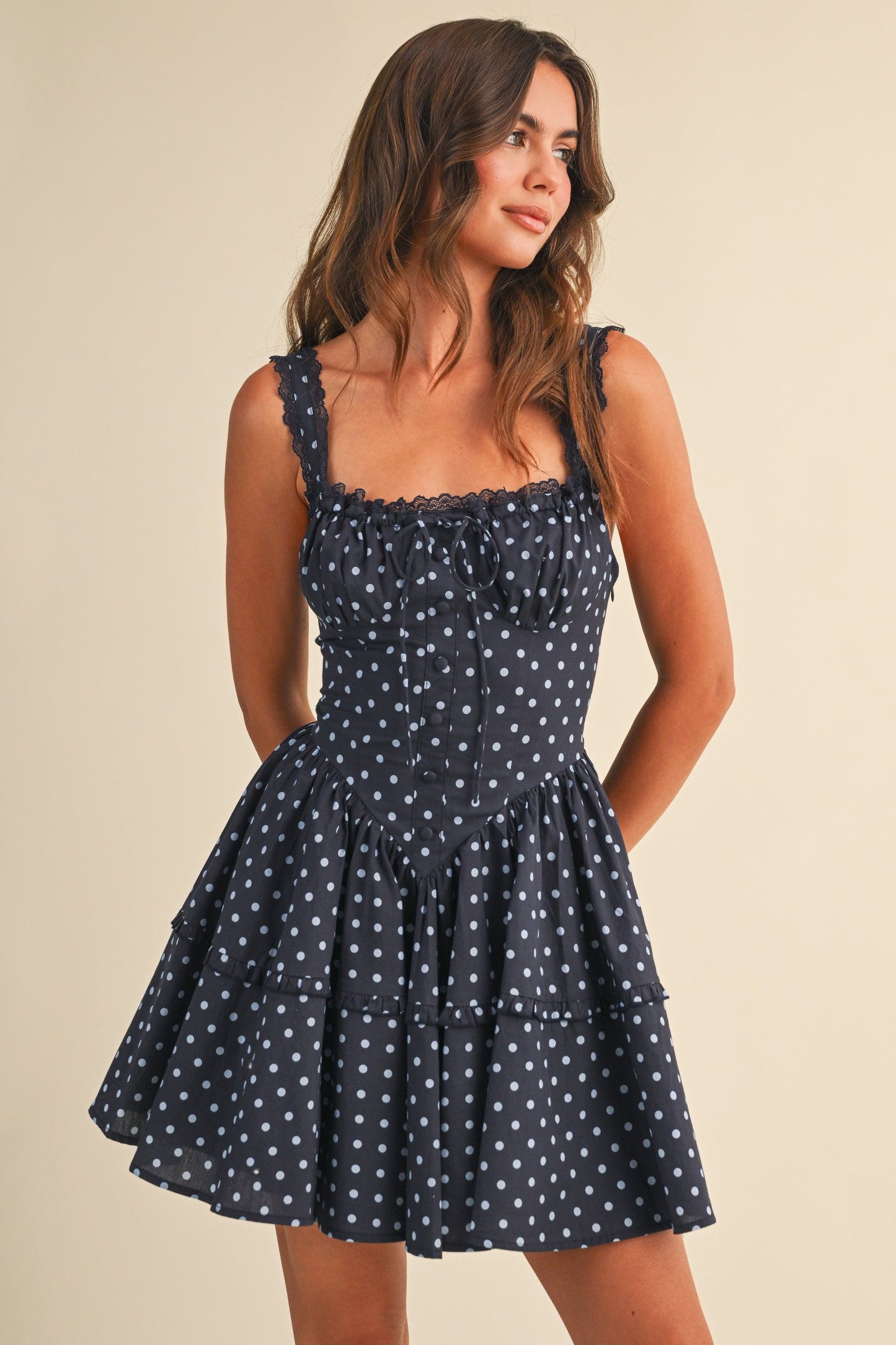 Lace Edge Navy Polka Dot Mini Dress