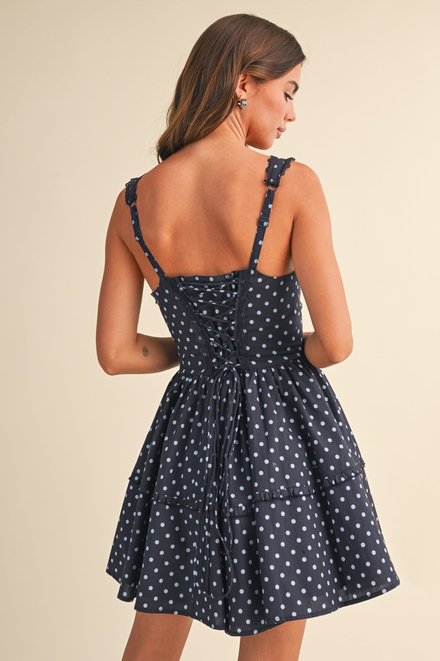 Lace Edge Navy Polka Dot Mini Dress