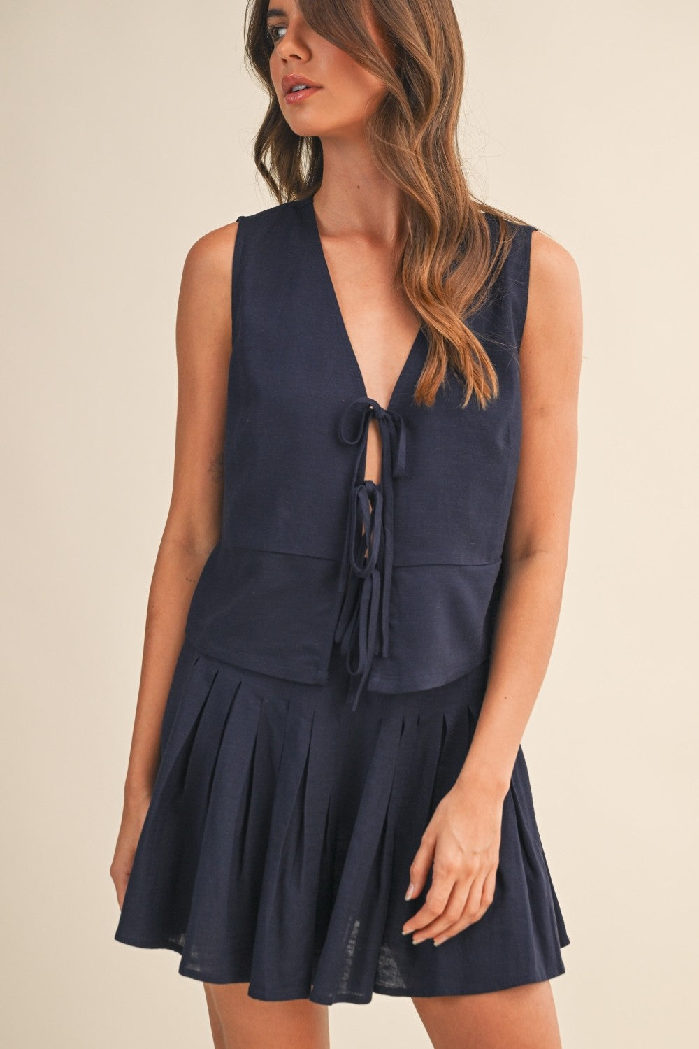 Navy Linen Vest & Skirt Set