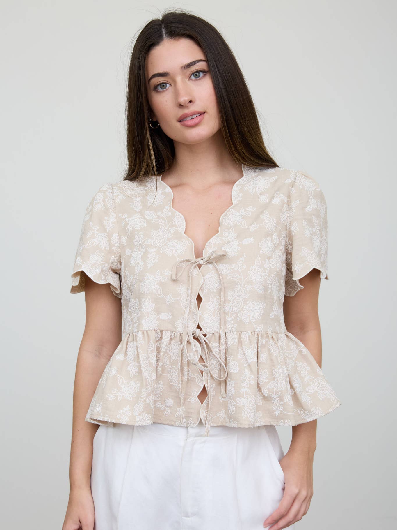 Floral Khaki Scallop Top