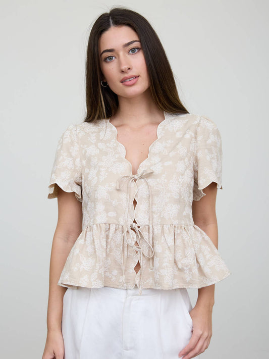 Floral Khaki Scallop Top