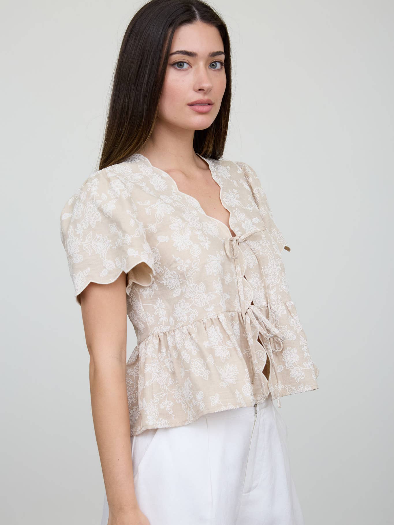 Floral Khaki Scallop Top