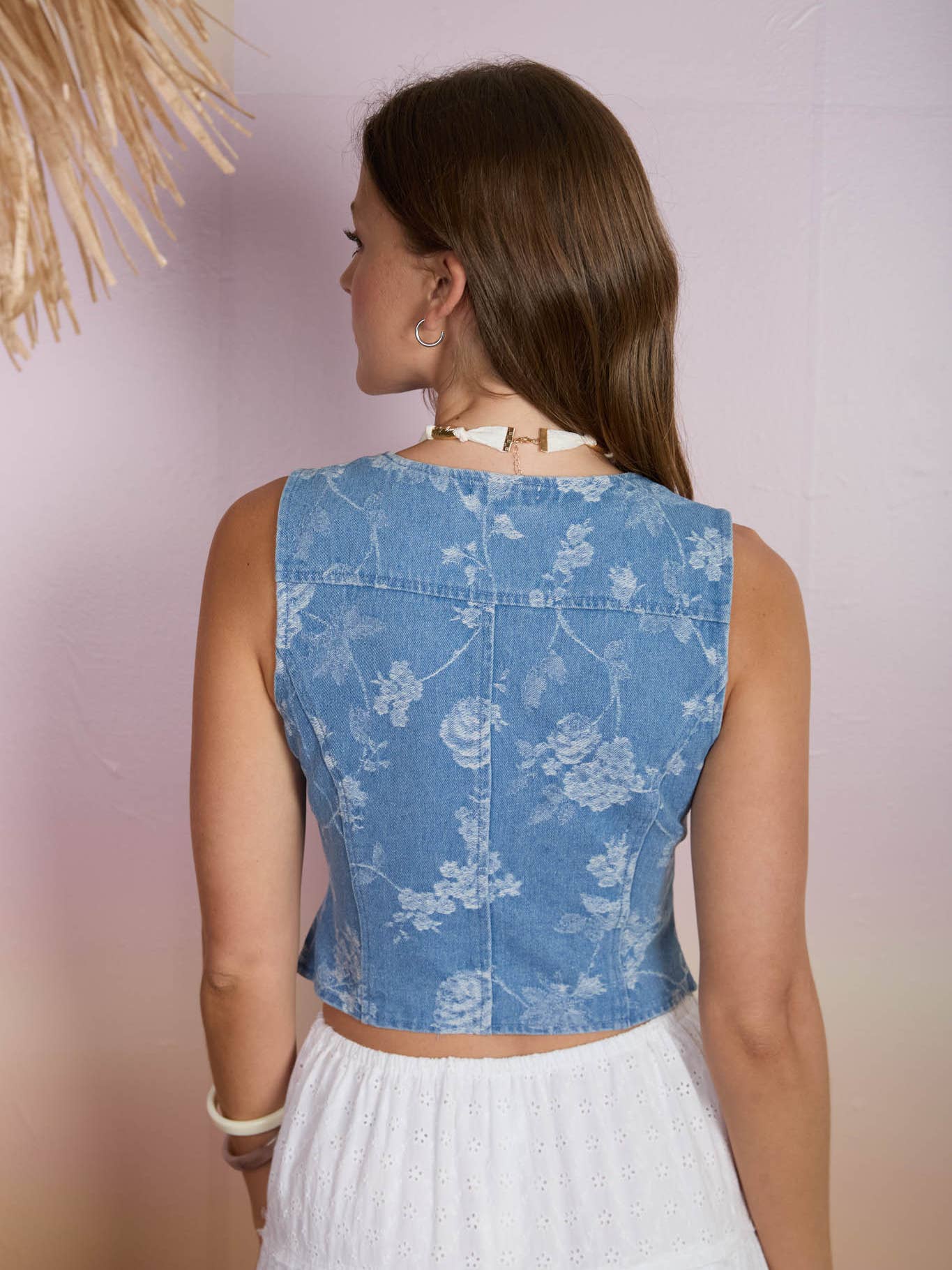 Floral Jacquard Button Denim Vest