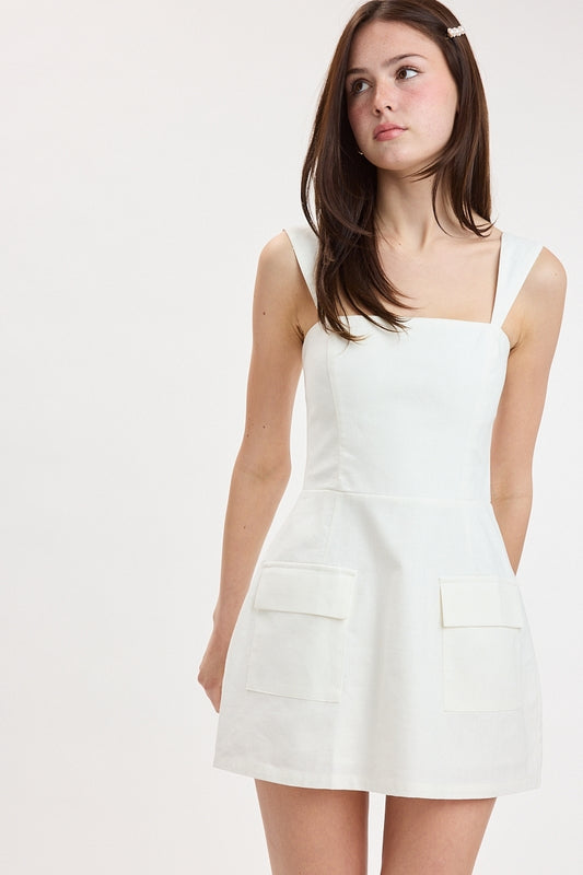 Square Neck White Pocket Mini Dress