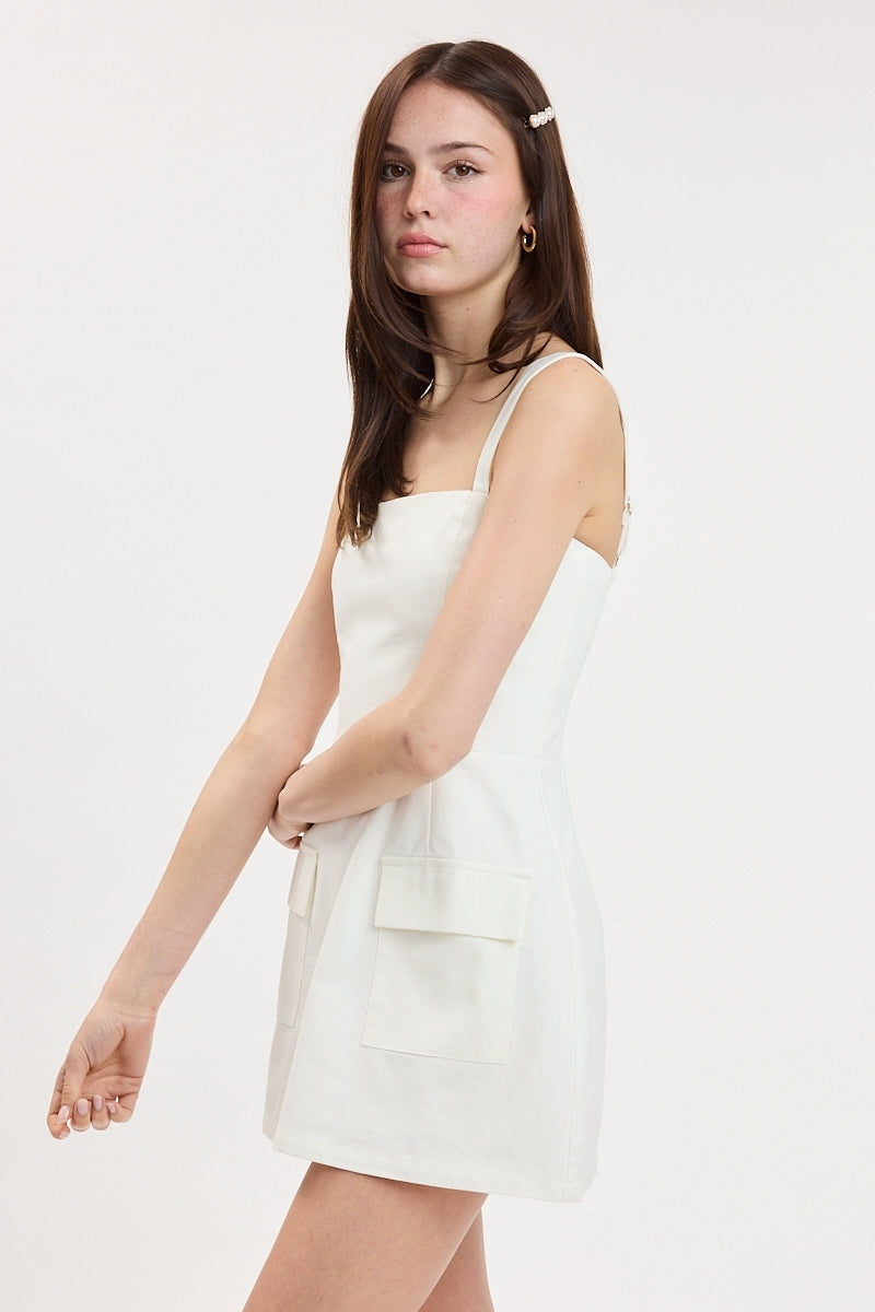 Square Neck White Pocket Mini Dress