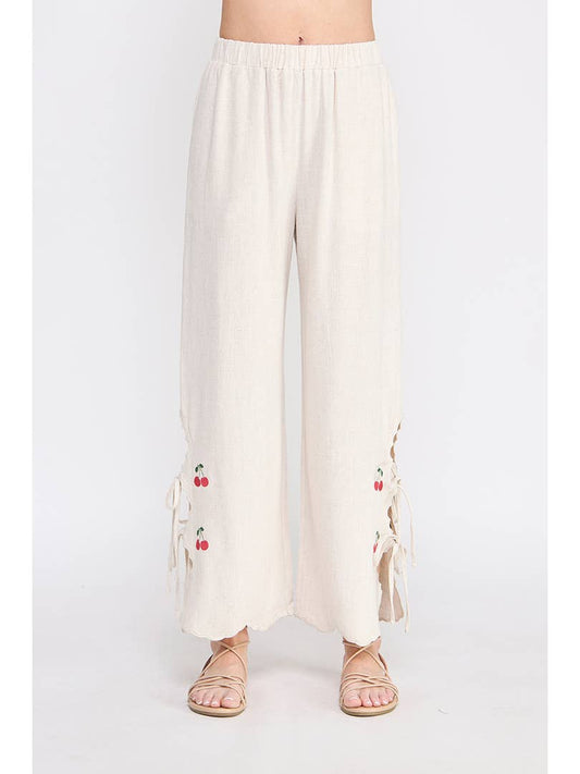 Side Ties Linen Cherry Embroidered Pants