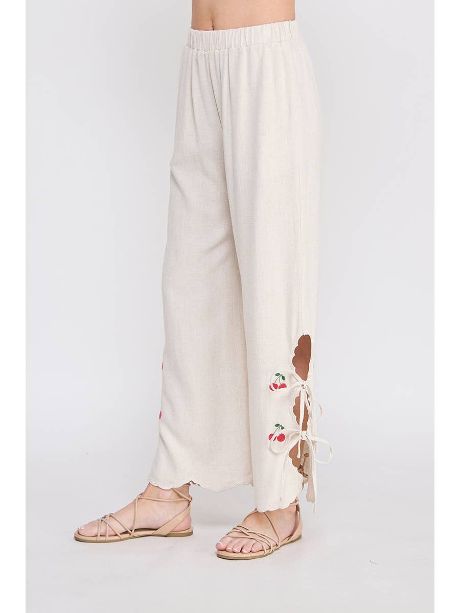 Side Ties Linen Cherry Embroidered Pants