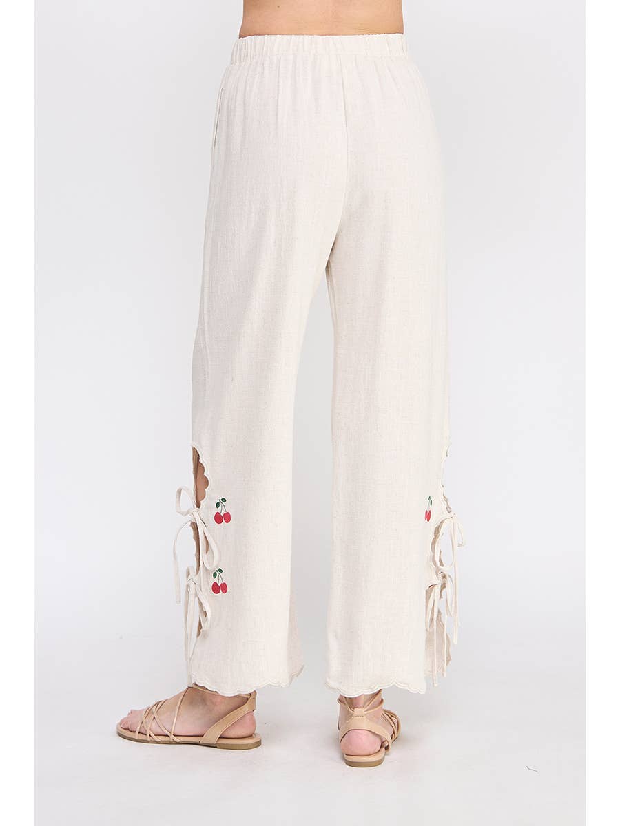 Side Ties Linen Cherry Embroidered Pants