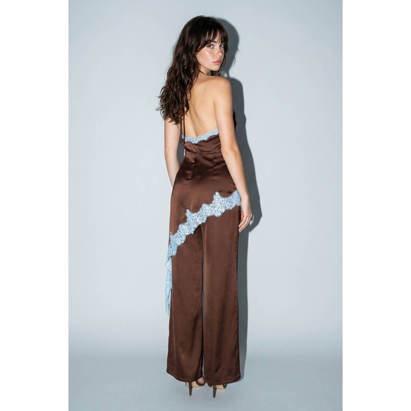 Contrast Lace Trim Satin Halter Jumpsuit