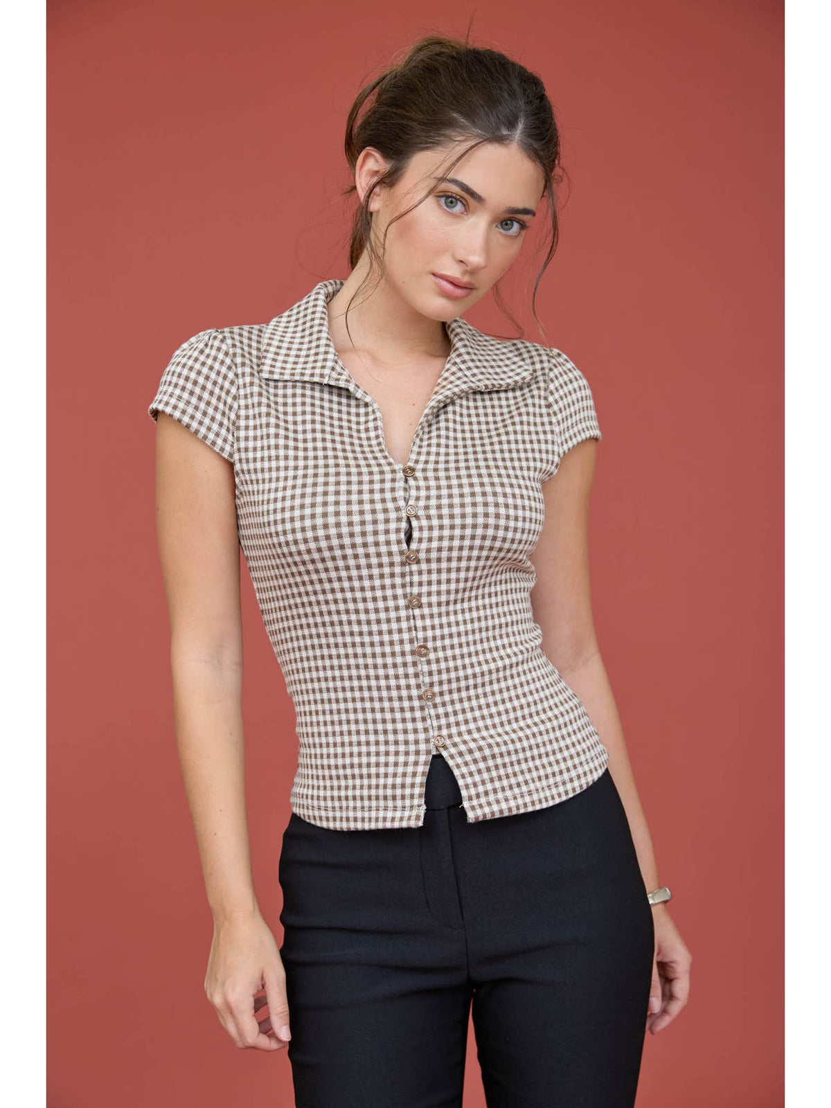 Gingham Collared Button Top