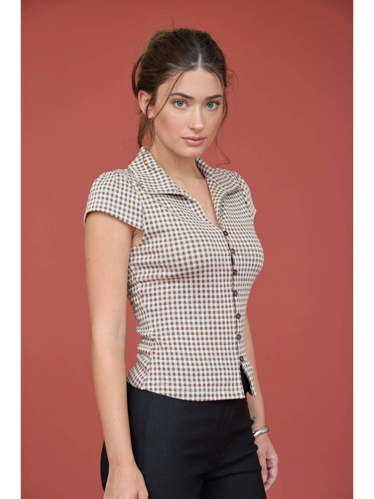 Gingham Collared Button Top