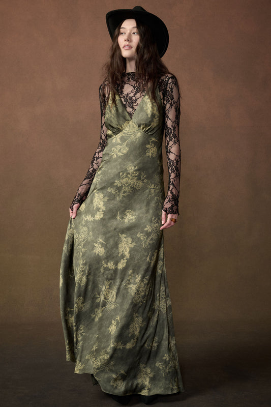 Floral Satin Halter V-Neck Open-Back Maxi Dress
