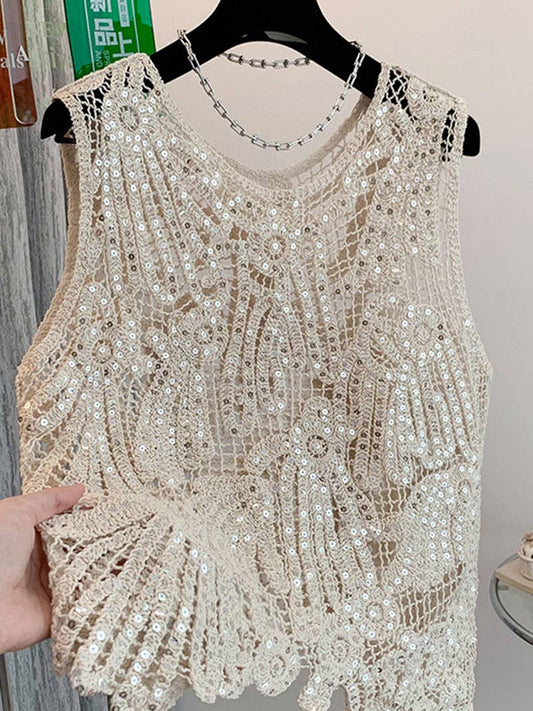 One Size Crochet & Sequin Sleeveless Top