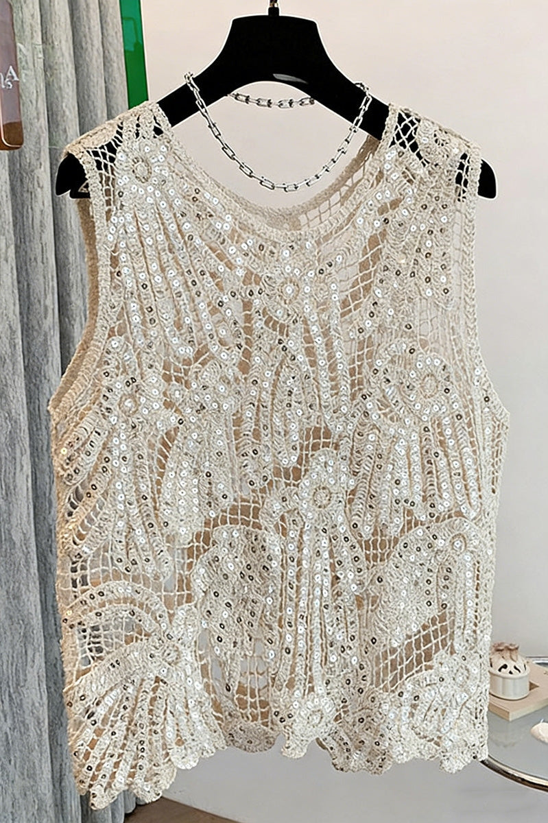 One Size Crochet & Sequin Sleeveless Top