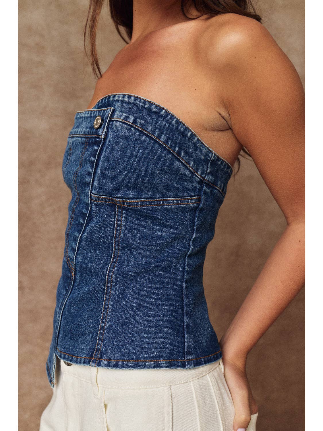Asymmetrical Denim Bustier Top
