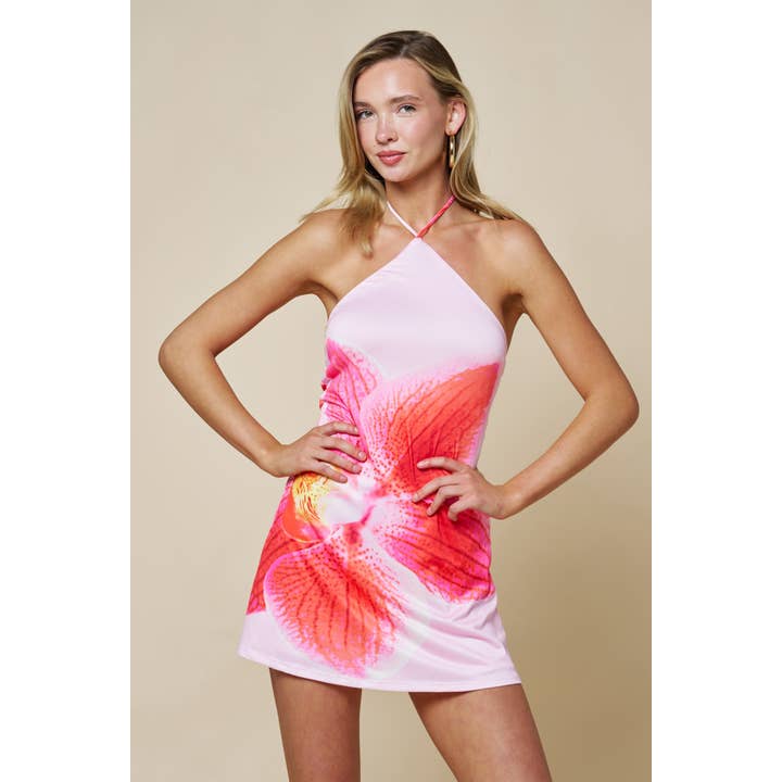 Pink Floral Venezia Halter Mini Dress