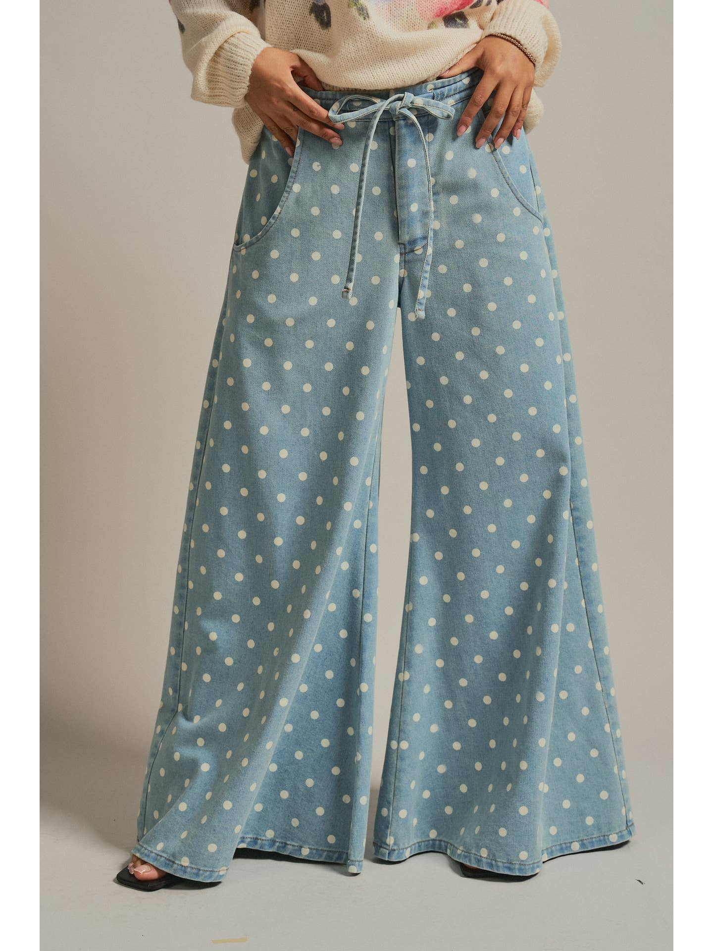 Polka Dot Wide-Leg Denim Pants