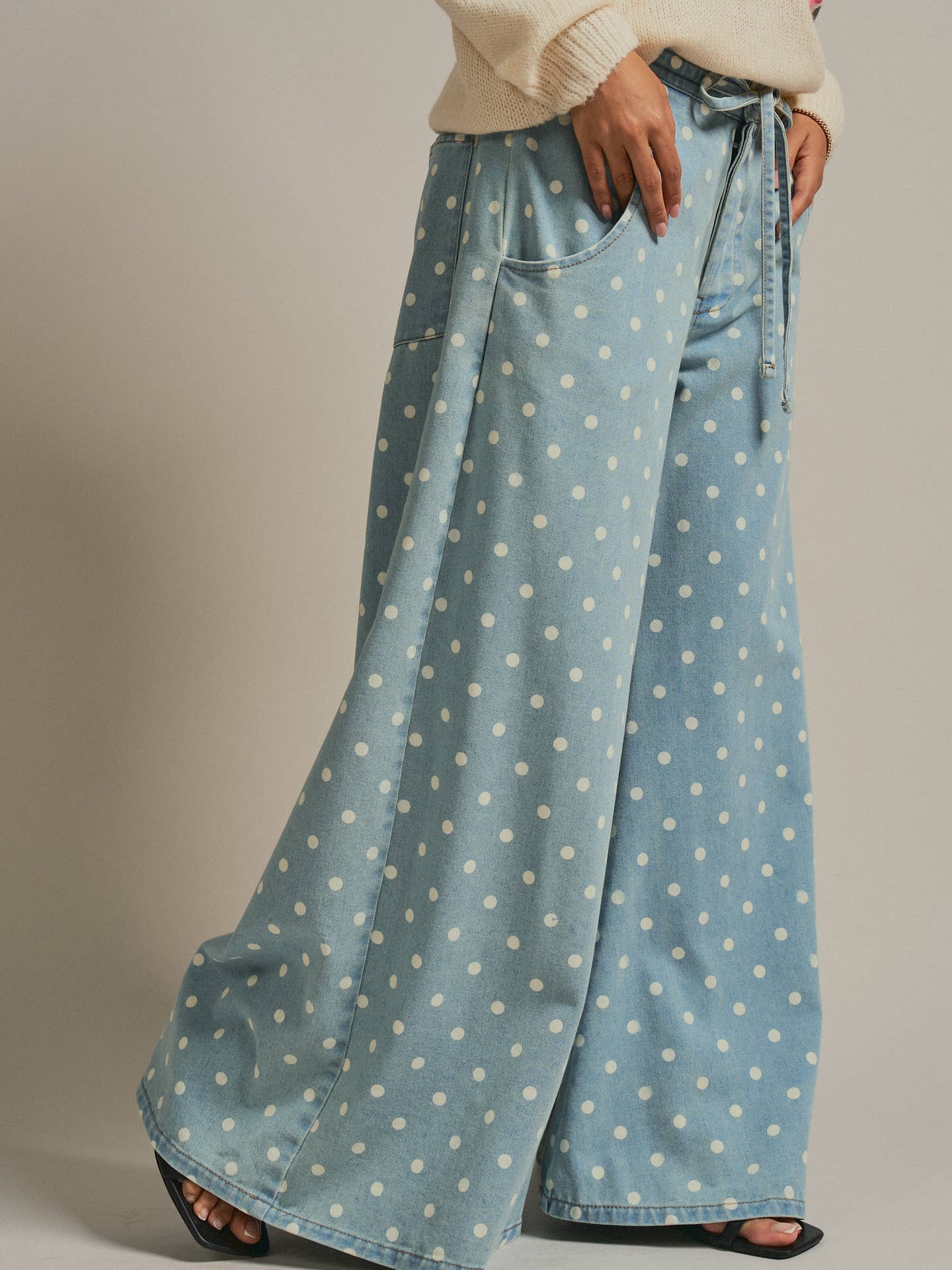 Polka Dot Wide-Leg Denim Pants