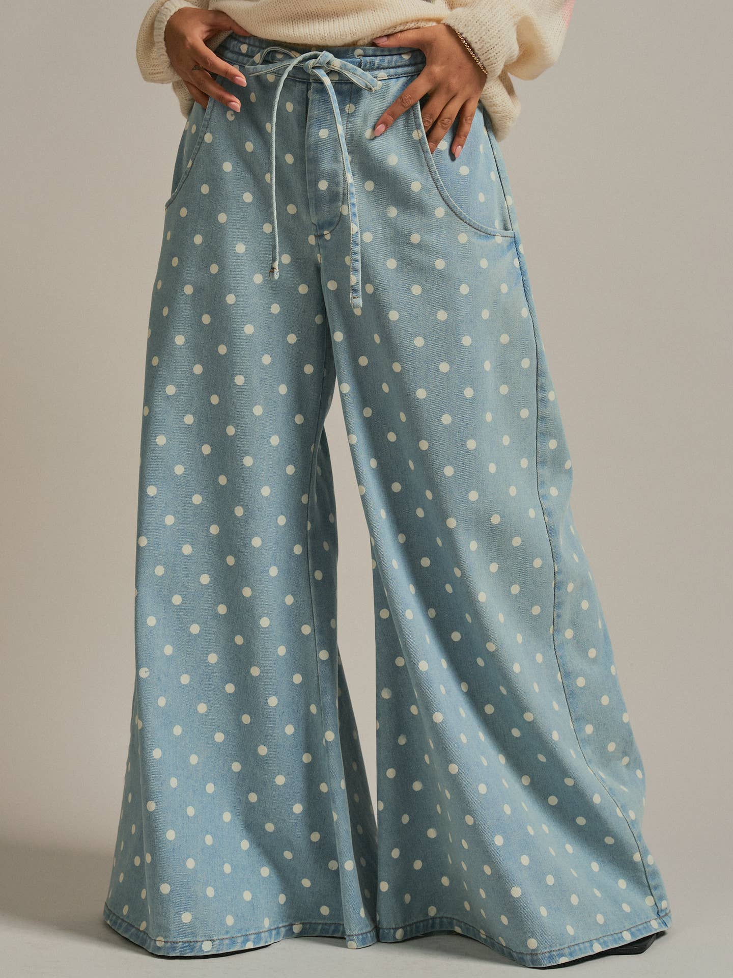 Polka Dot Wide-Leg Denim Pants