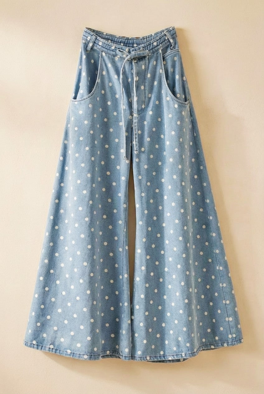 Polka Dot Wide-Leg Denim Pants