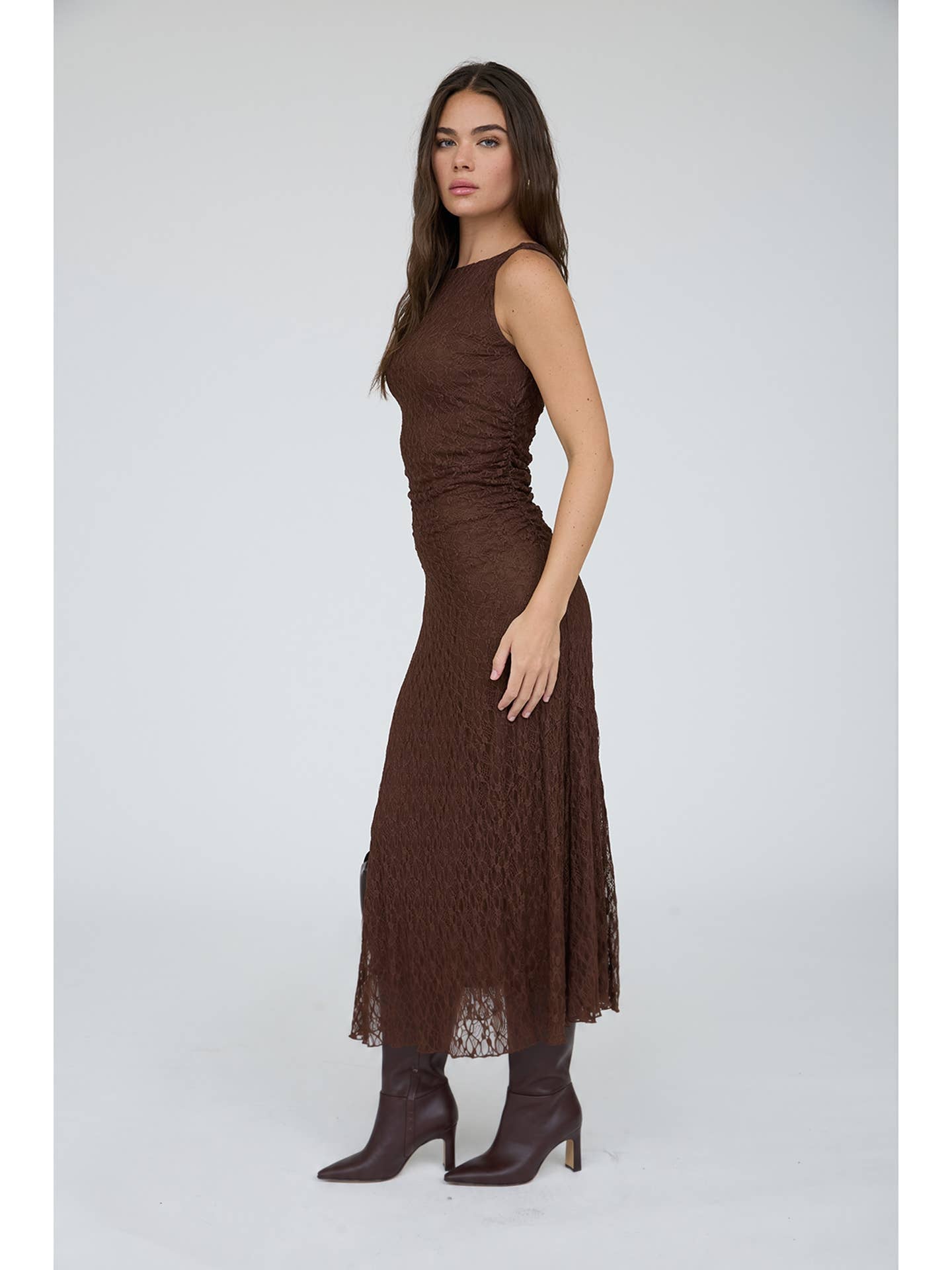 Lace Ruched Detail Tank Midi Dress