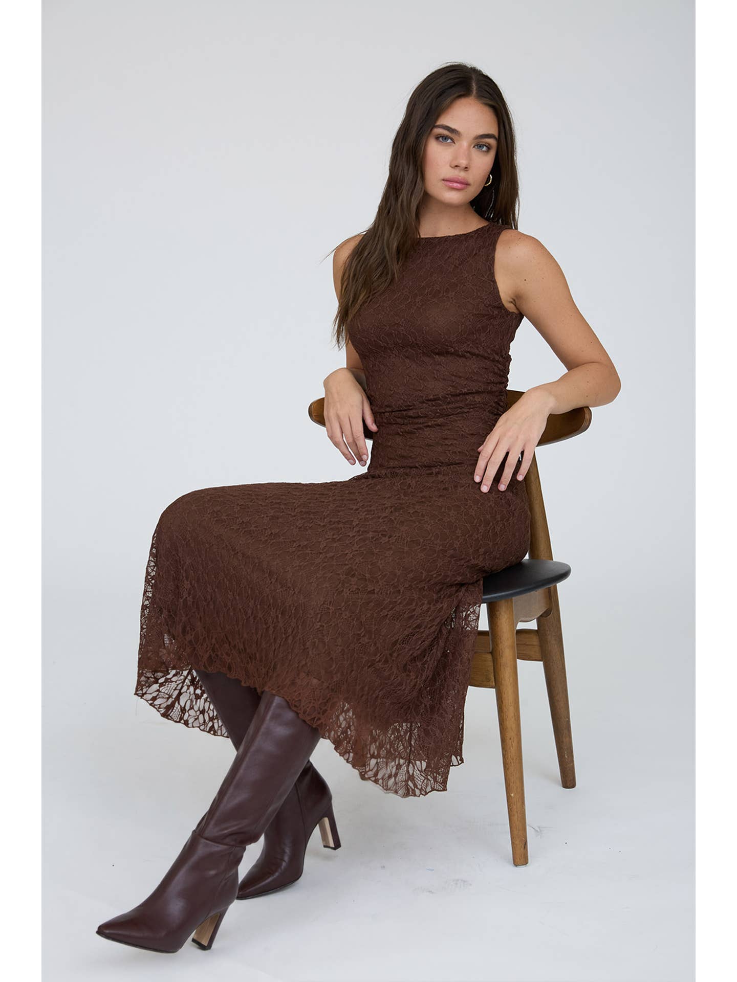 Lace Ruched Detail Tank Midi Dress
