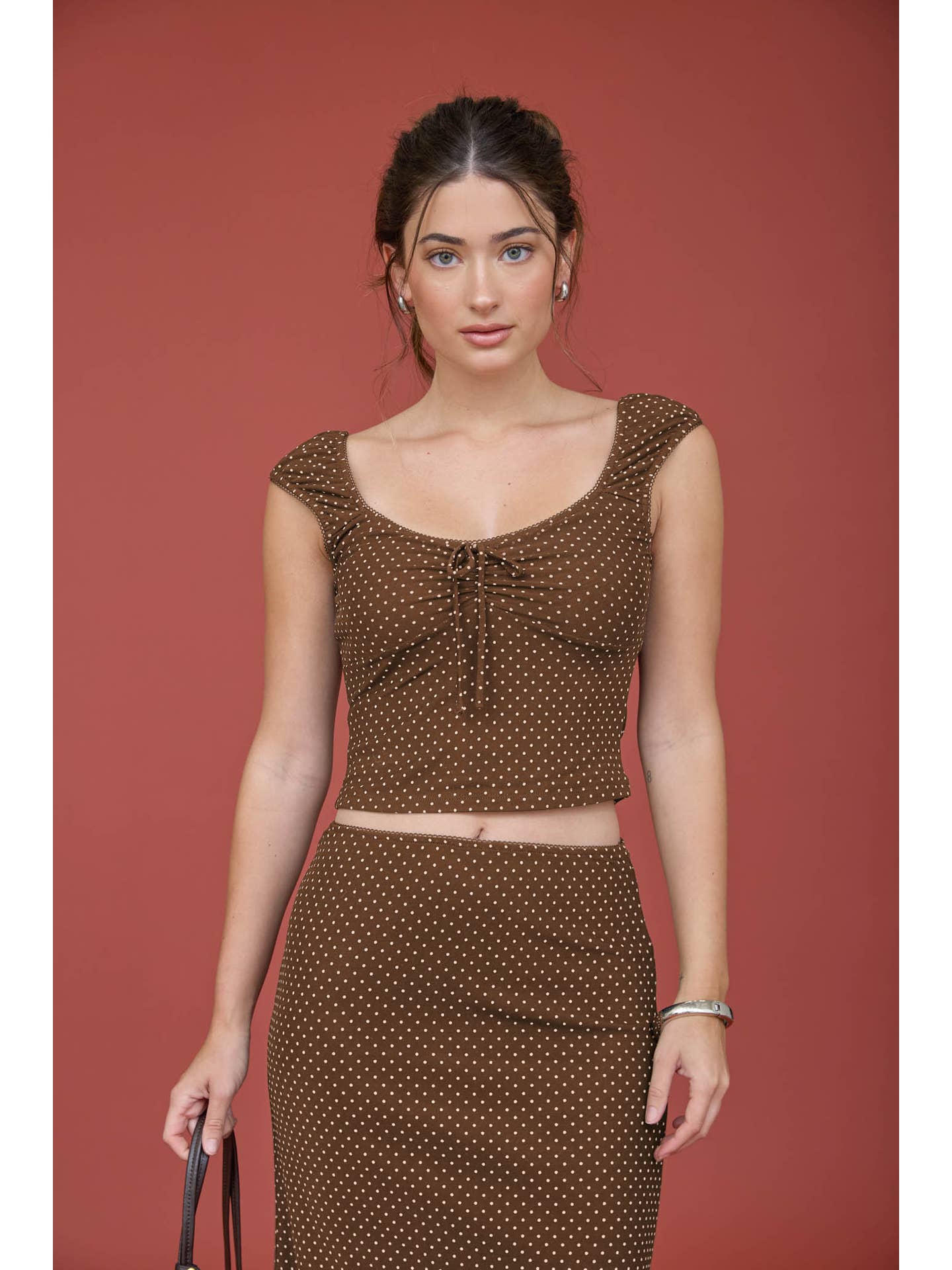 Polka Dot Front Tie Top & Skirt Set