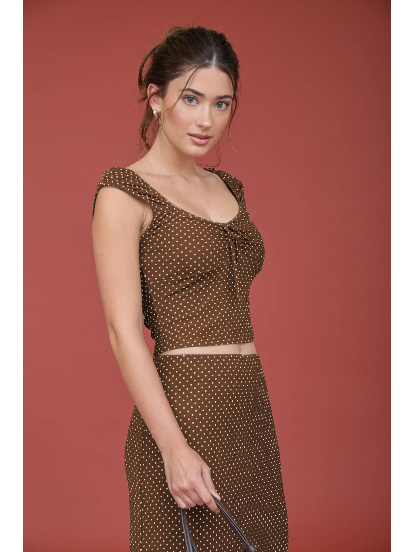 Polka Dot Front Tie Top & Skirt Set