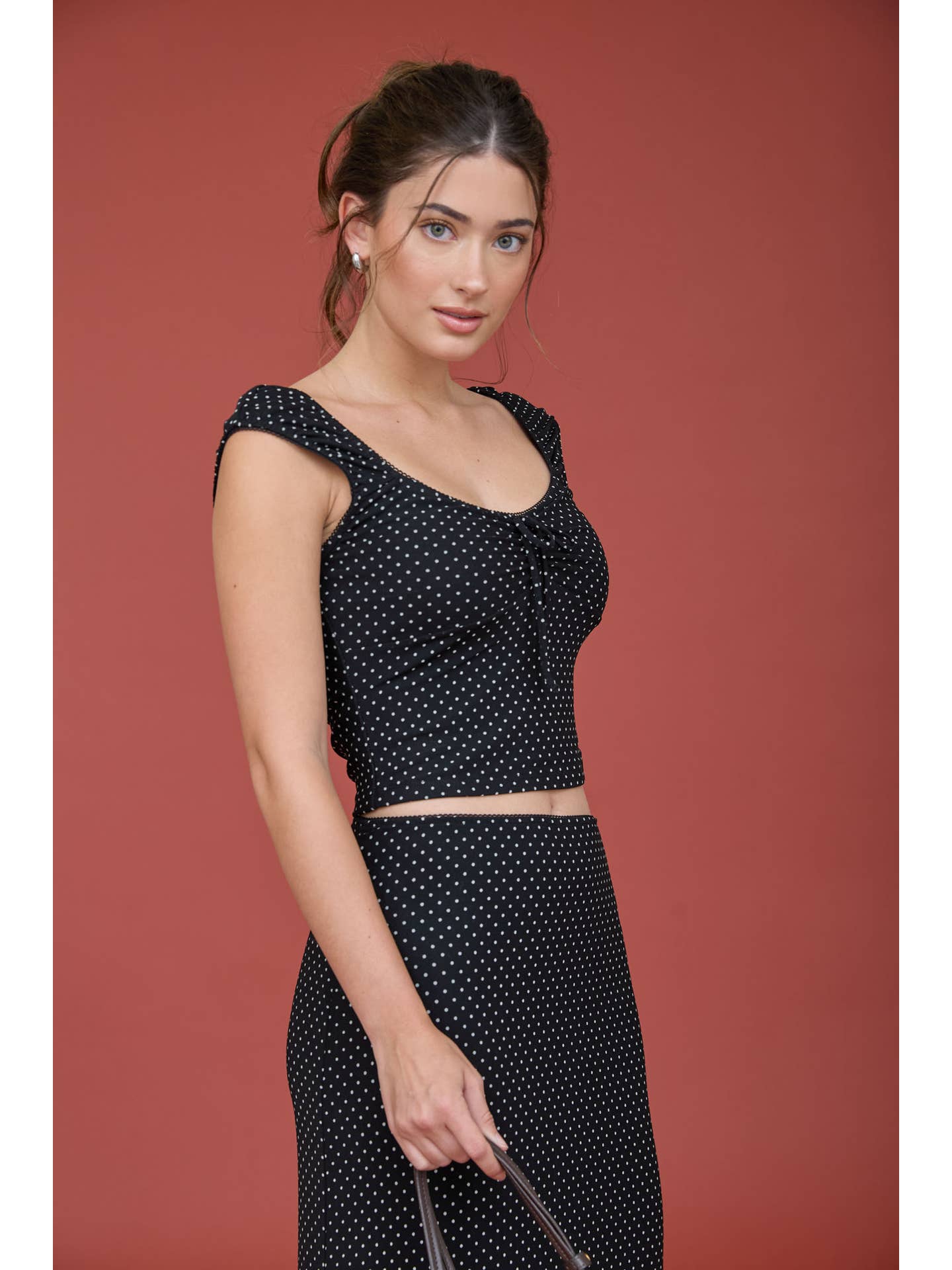 Polka Dot Front Tie Top & Skirt Set