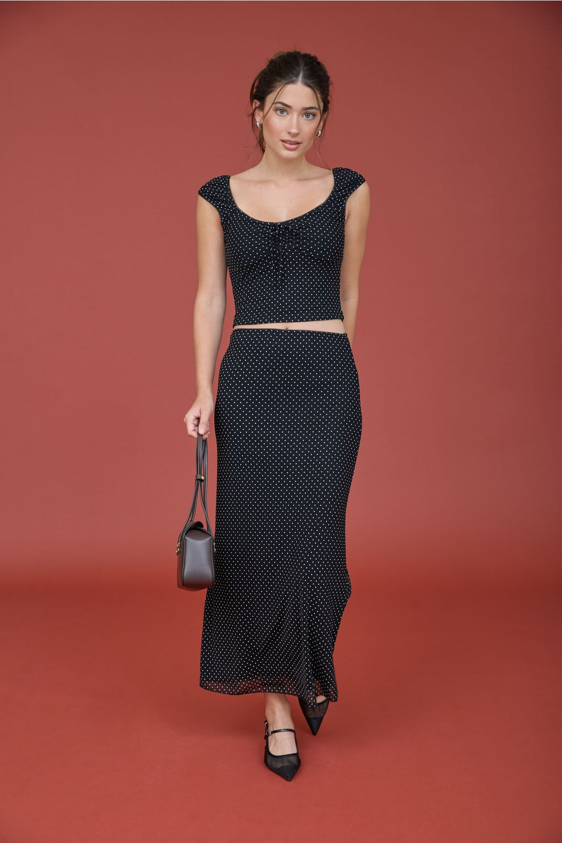 Polka Dot Front Tie Top & Skirt Set