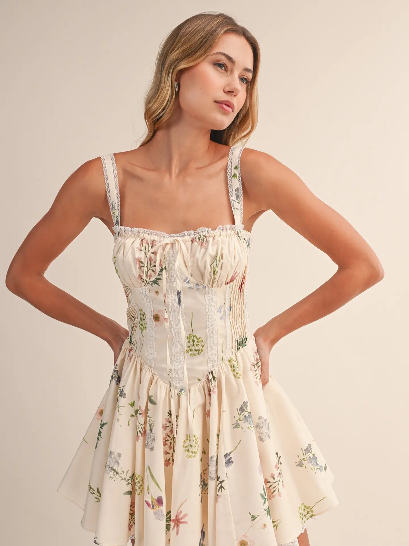 Floral Bustier Lace Up Mini Dress