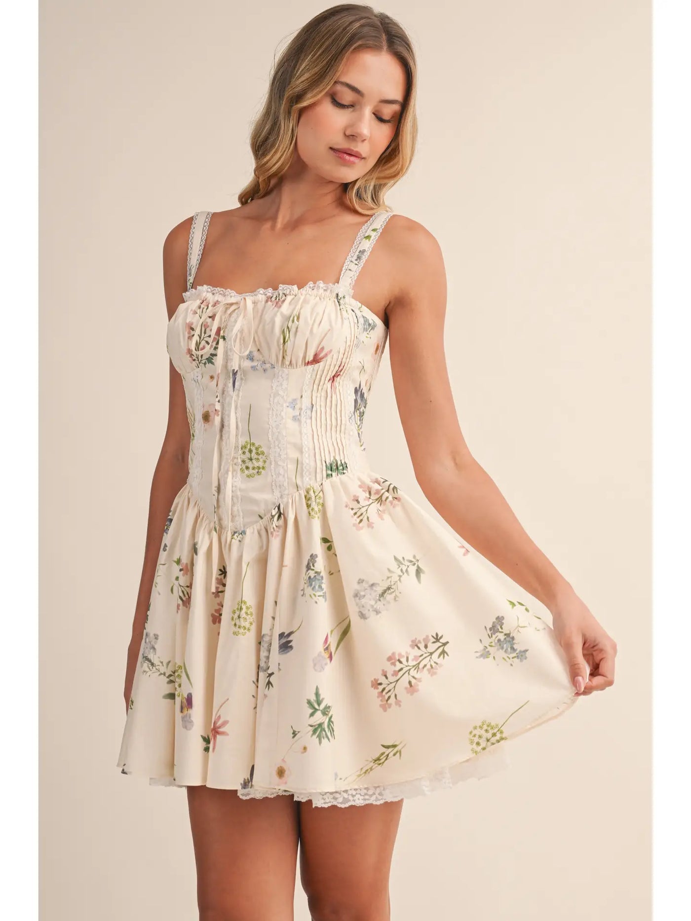 Floral Bustier Lace Up Mini Dress
