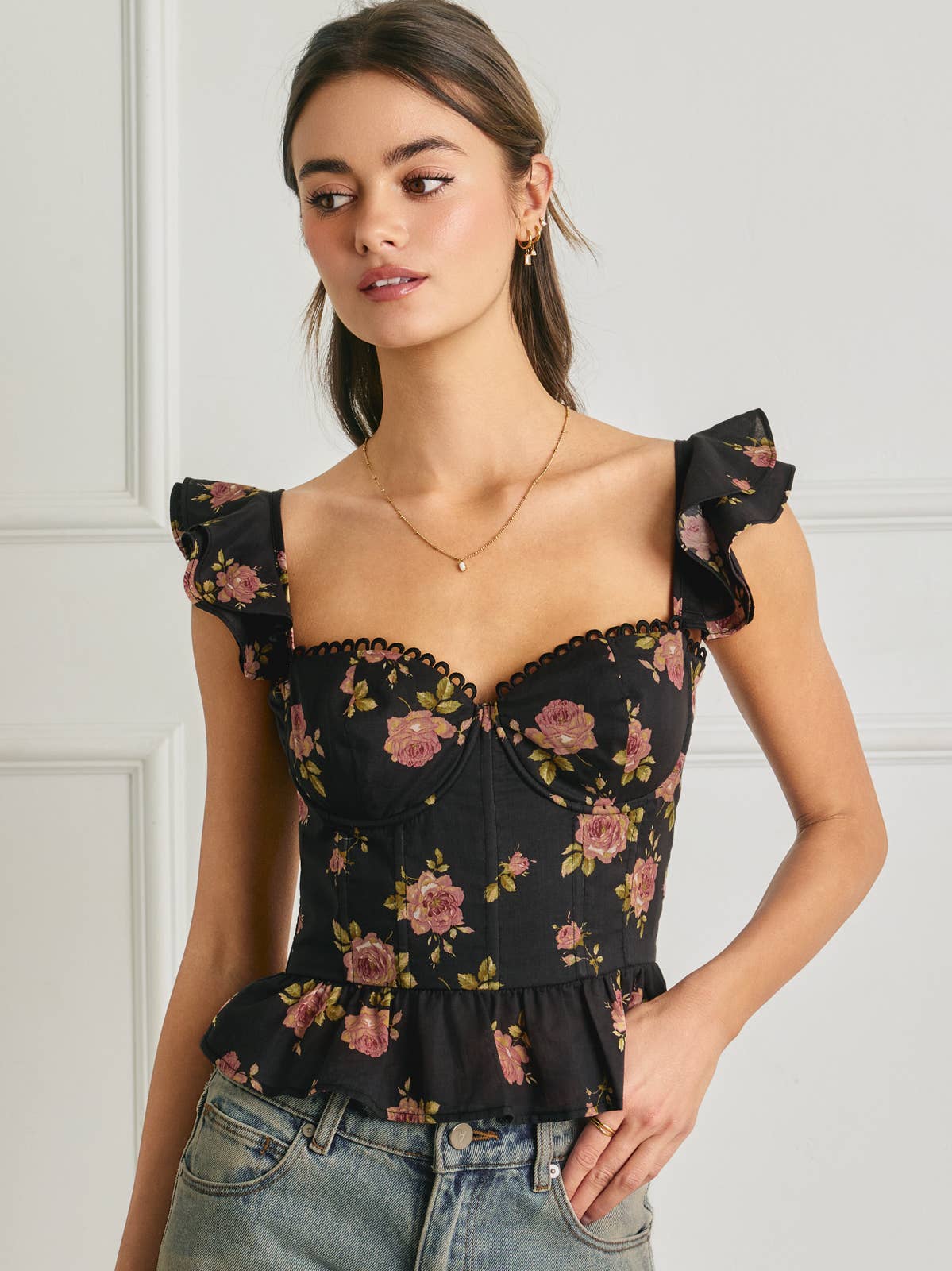 Floral Flutter Sleeve Bustier Top