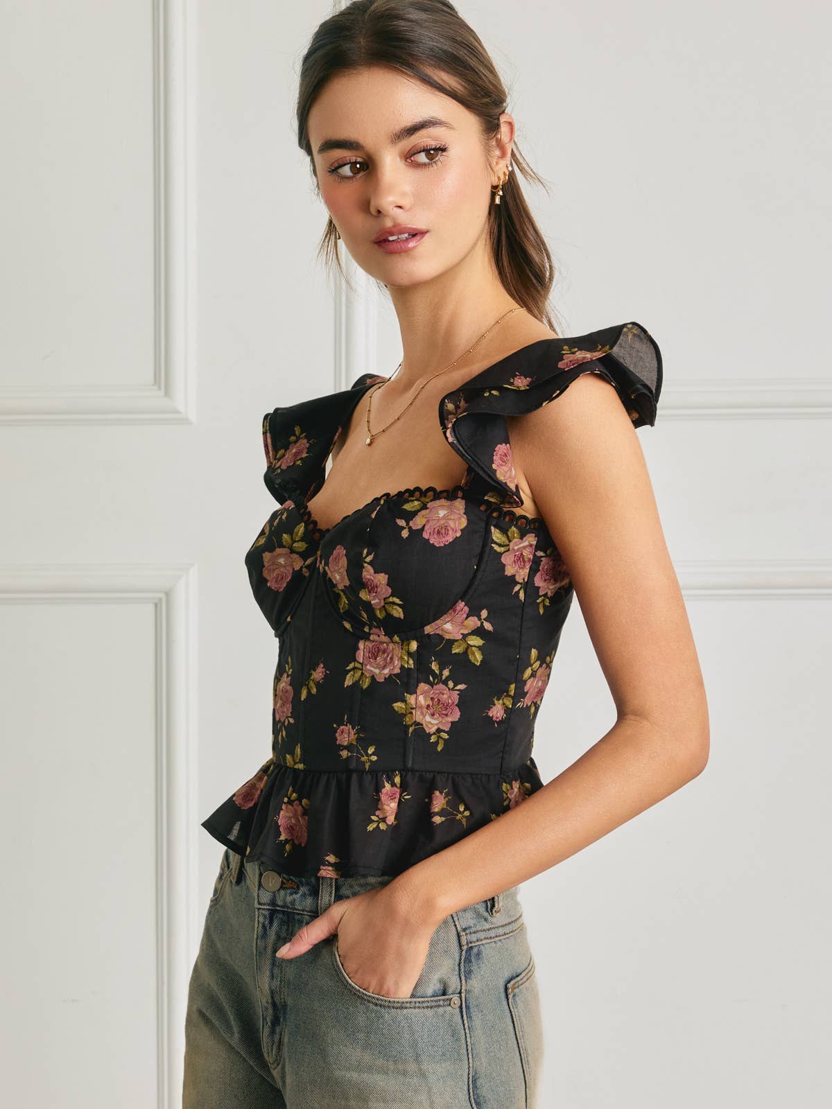 Floral Flutter Sleeve Bustier Top