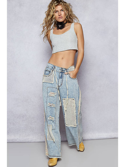 Stud Detail Woven Denim Pants