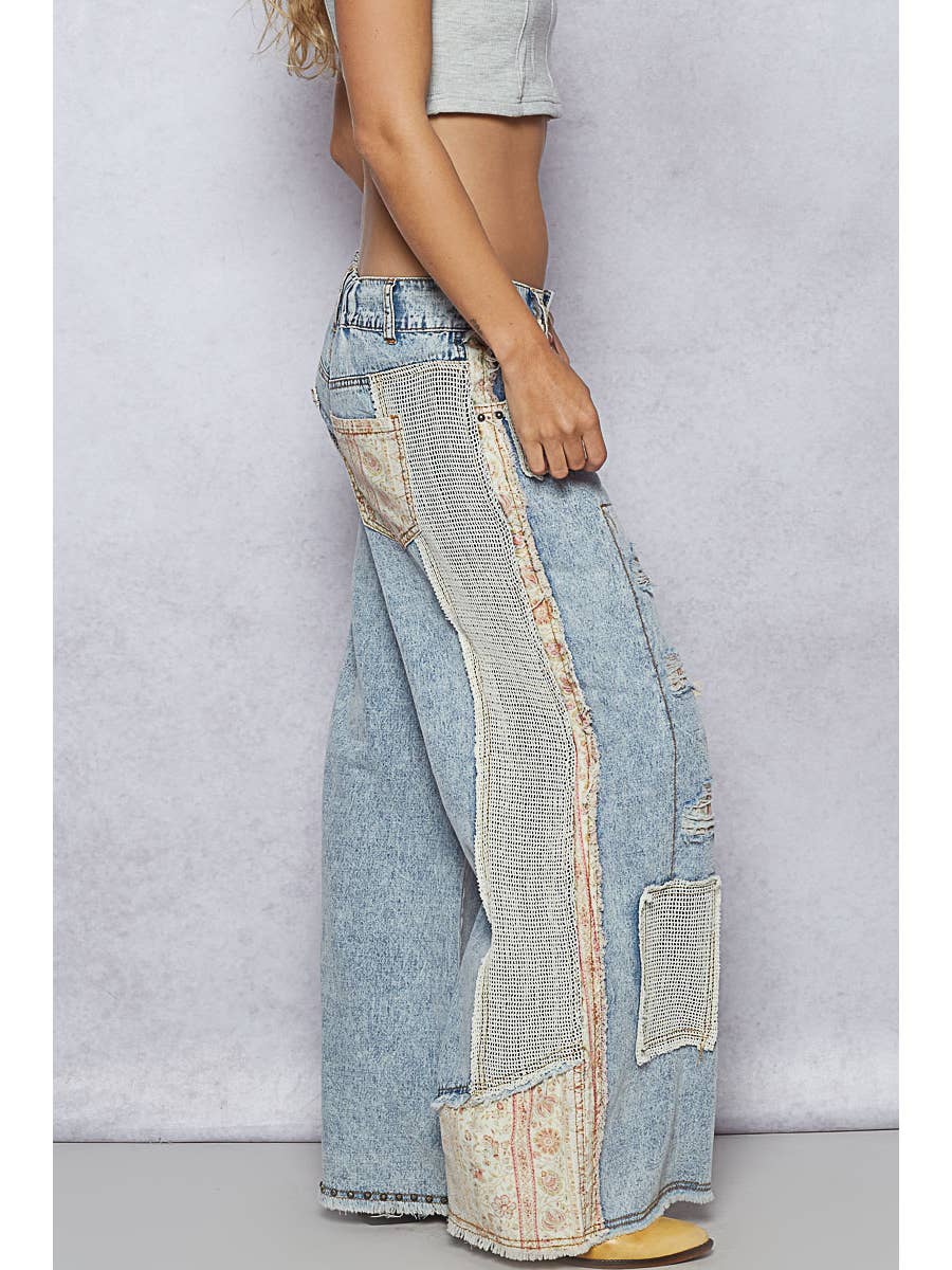 Stud Detail Woven Denim Pants