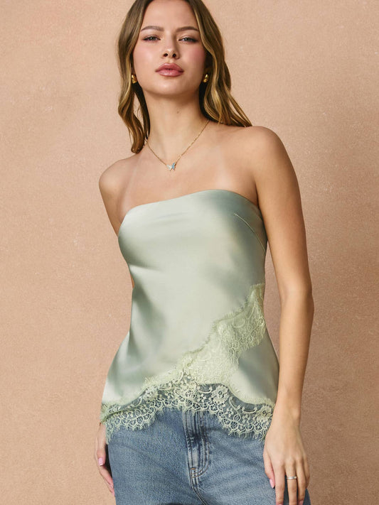 Satin Asymmetrical Lace Hem Tube Top