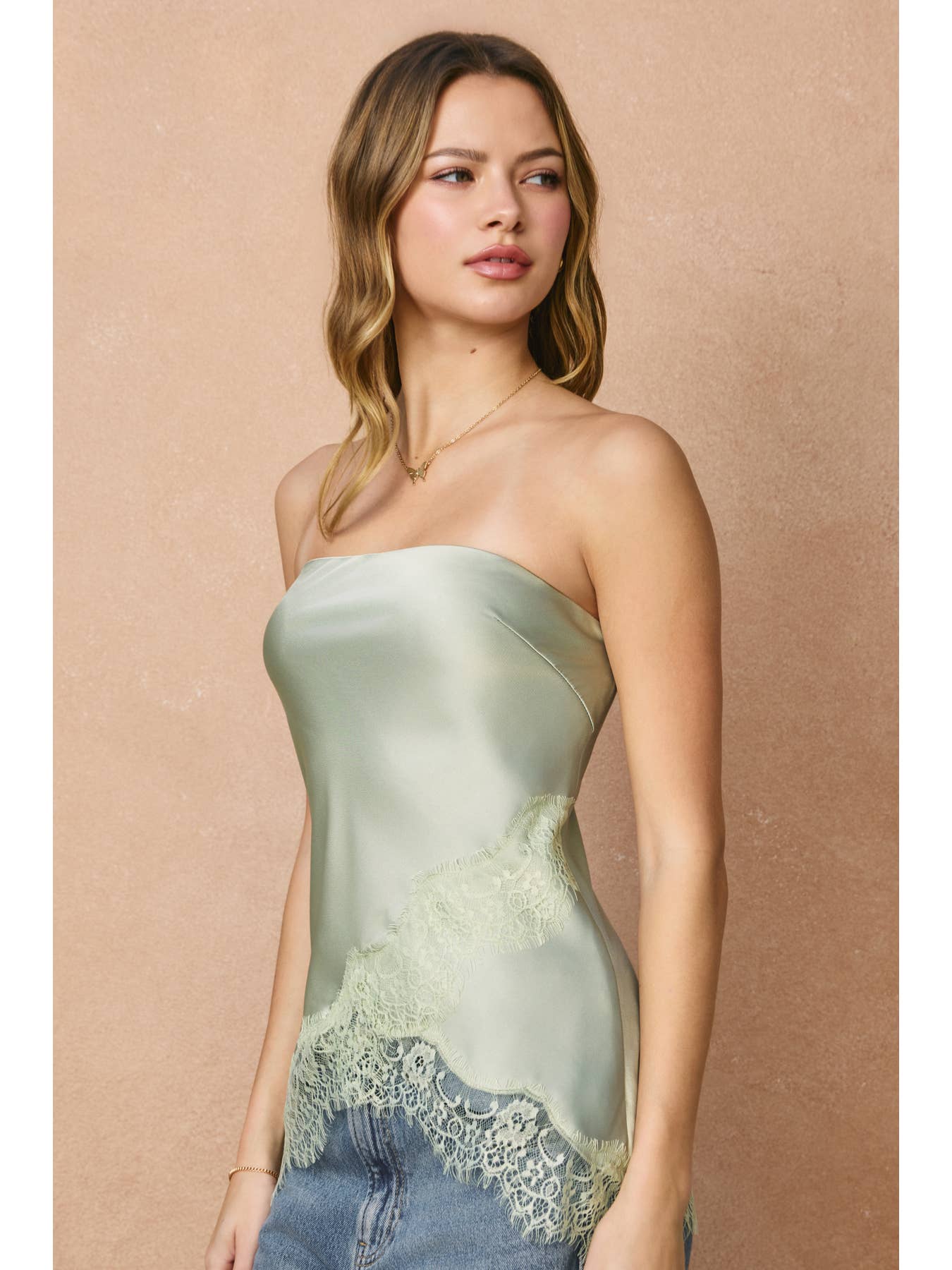 Satin Asymmetrical Lace Hem Tube Top