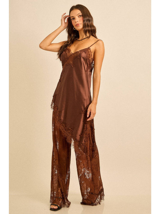 Satin Lace Trim Cami and Pants Set