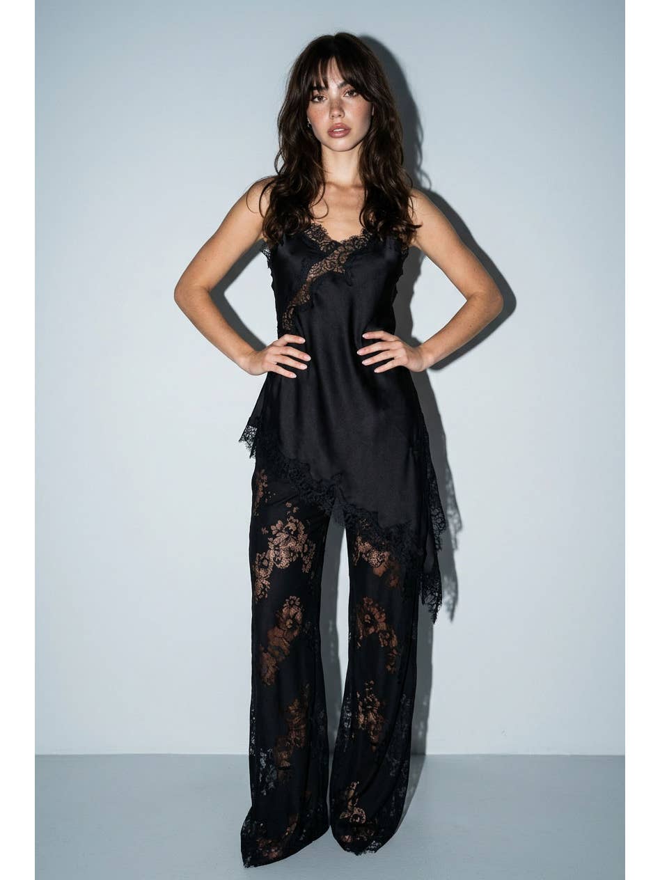 Satin Lace Trim Cami and Pants Set