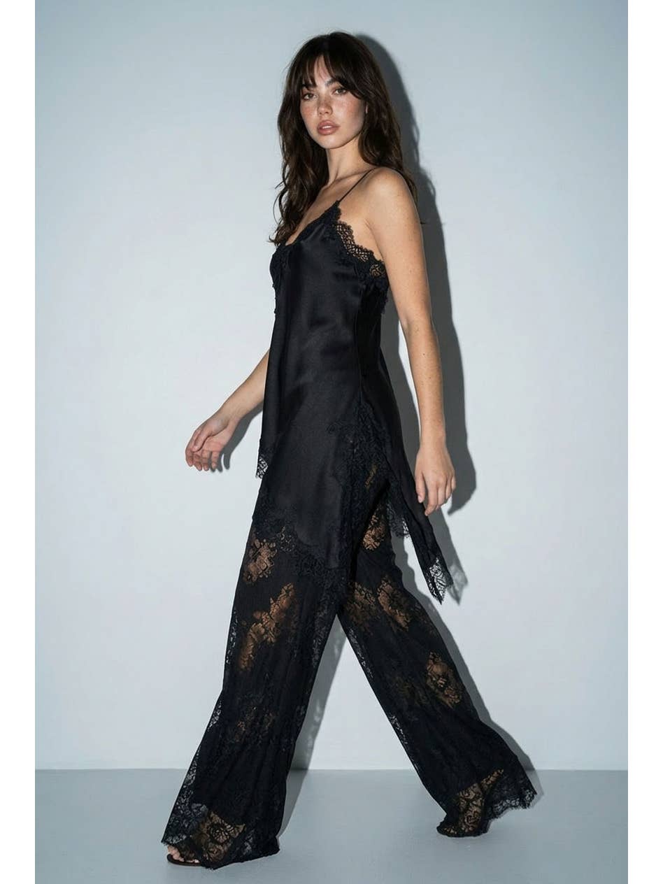 Satin Lace Trim Cami and Pants Set