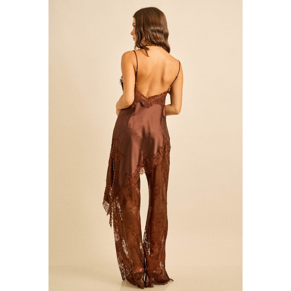 Satin Lace Trim Cami and Pants Set