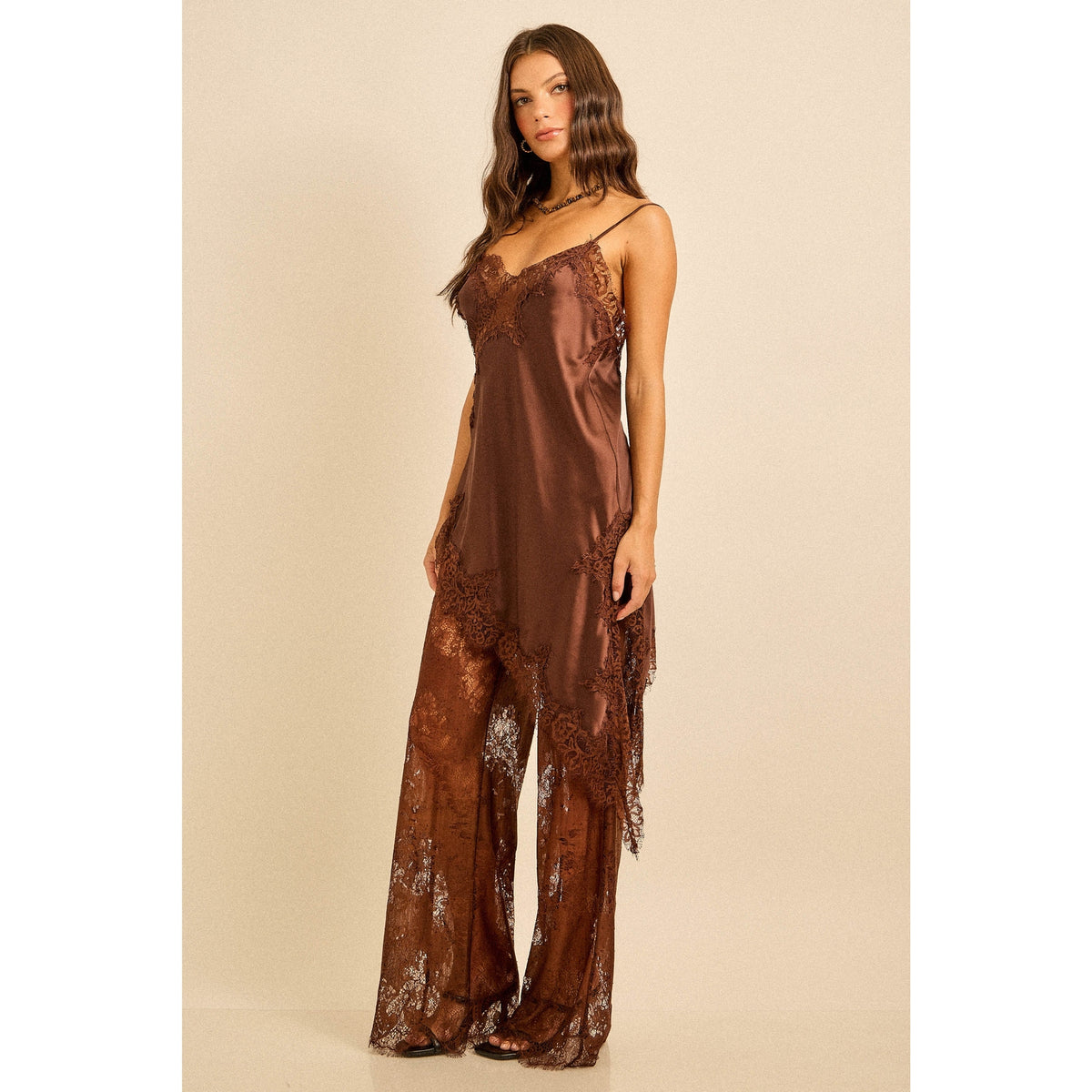 Satin Lace Trim Cami and Pants Set