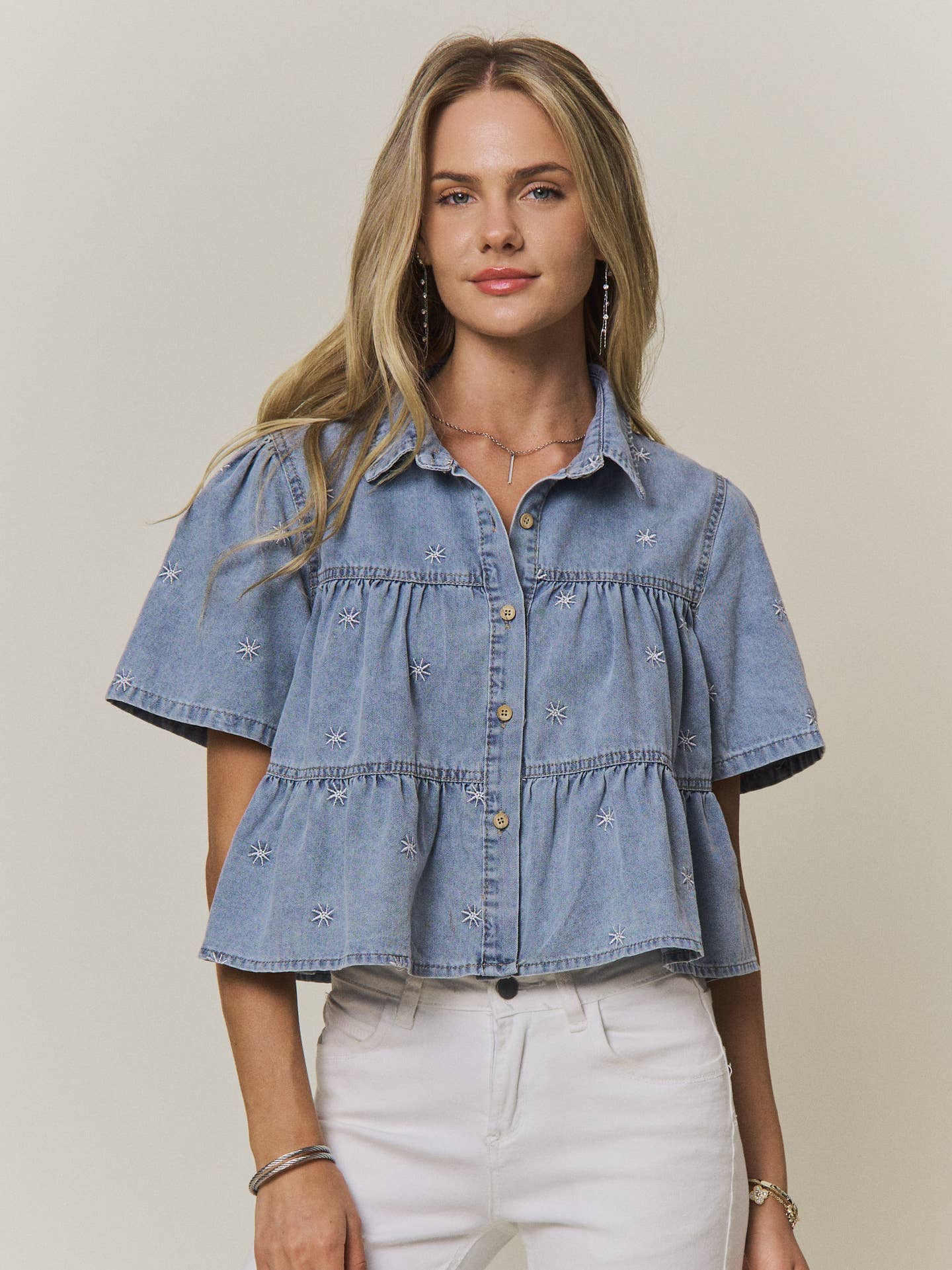 Embroidered Star Denim Tiered Shirt