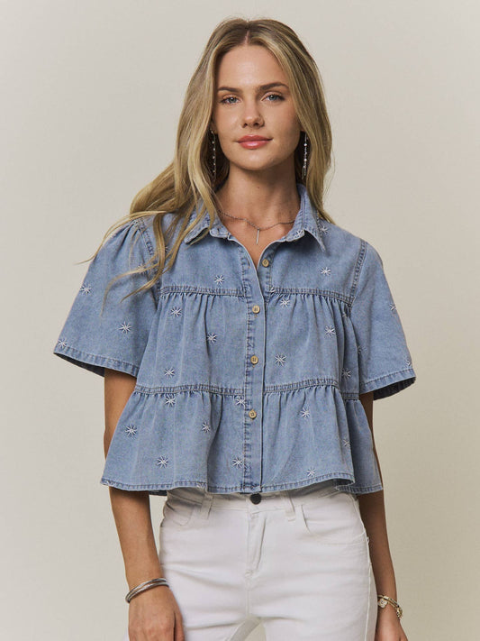 Embroidered Star Denim Tiered Shirt